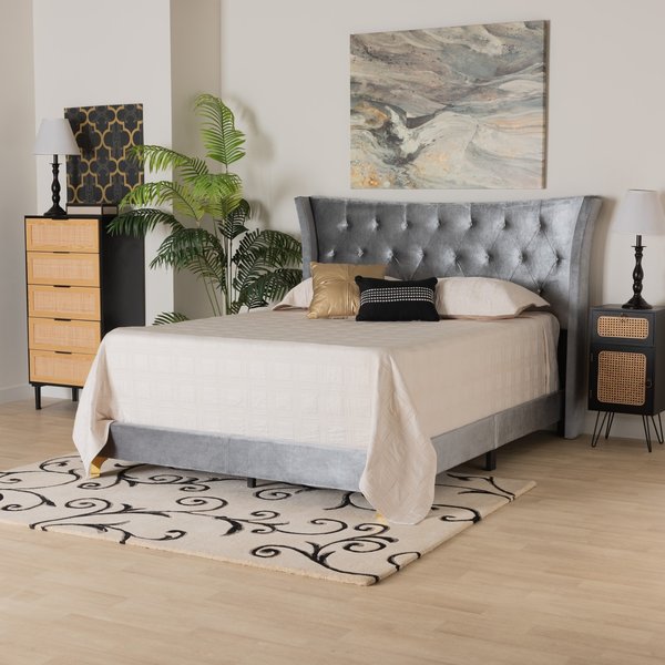 Baxton Studio Easton Contemporary Glam and Luxe Grey Velvet and Gold Metal Queen Size Panel Bed 220-12853-ZORO